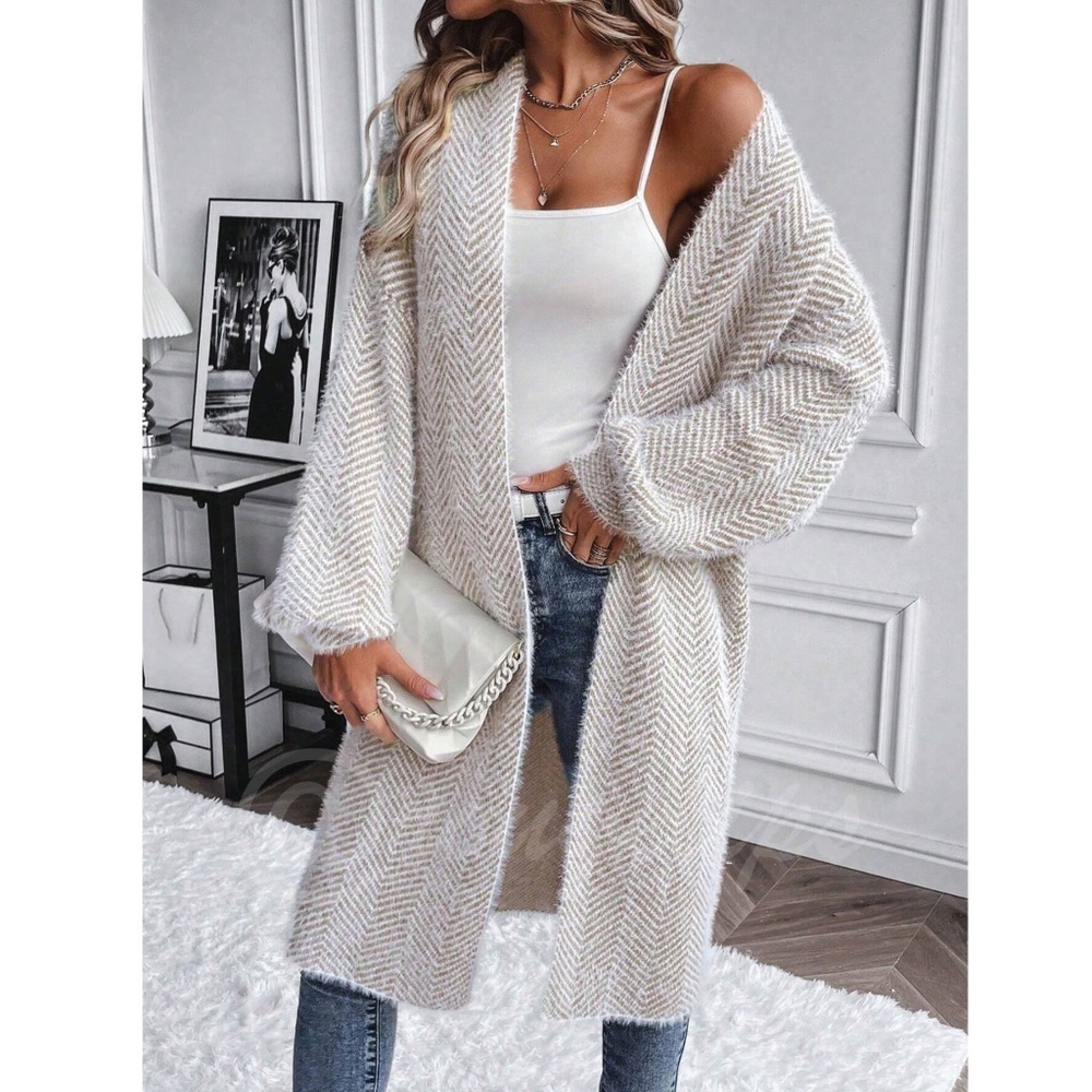 Fuzzy Chevron Beige White Open Cardigan Long Bishop Sleeve Soft - Picture 5 of 10